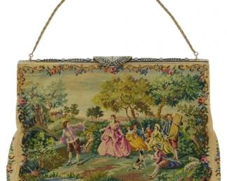 1845 - Vtg Ed. B. Robinson Woven Handbag (Description): Vintage Ed. B. Robinson woven handbag  featuring a scenic tapestry design. The bag  is fitted with a decorative metal frame and  chain handle. Measures 6 1/2" x 9".