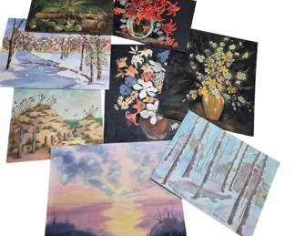 4119 - Collection of 8 Paintings on Board (Description): A collection of eight paintings on board  featuring a variety of subjects including  floral still lifes, winter landscapes,  coastal dunes, and sunset scenes. Several  pieces are signed by the artist. The collection showcases different styles and  color palettes, ranging from vibrant florals  against dark backgrounds to serene  snow-covered forest scenes and atmospheric  sky studies.