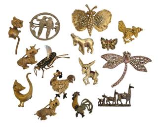 1480 - Vtg Animal Figural Brooch Pin Collection (Description): A collection of vintage animal figural pins  and brooches featuring a variety of creatures  including cats, butterflies, a dragonfly,  birds, horses, a donkey, a rooster, and a  llama scene. The pieces display various finishes including gold-tone and silver-tone  metals, with some featuring rhinestone  accents and enamel detailing. The collection  showcases mid-century costume jewelry styling  with whimsical animal motifs.