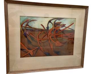 1184 - Signed Abstract Watercolor Painting 31"x26" (Description): Framed painting featuring an abstract  composition. The work is signed by the  artist. Presented in a wooden frame. Measures  31 inches by 26 inches.