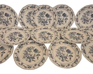 1246 - 15 Blue Danube Blue Onion 10" Dinner Plates (Description): Each decorated with traditional floral motifs  including stylized onion bulbs, flowers, and  foliage in cobalt blue on white porcelain.  The plates feature scalloped edges with  decorative blue trim. Plus one extra plate chipped & cracked