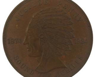 106 - 1924 Women's Temperance Jubilee Penny 2.5" (Description): A 1924 Women's Temperance Jubilee Penny  commemorating the organization's 50th  anniversary from 1874 to 1924. This bronze  medal features a profile portrait of a Native  American figure in traditional headdress with the inscription "Jubilee Penny" abo
