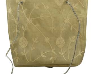 1803 - Vintage Faccondini Mesh Tote Bag 12"x11"x3" (Description): Vintage Faccondini mesh tote bag featuring a  subtle floral pattern throughout. The bag is  equipped with a delicate chain shoulder  strap. Measures 12 inches by 11 inches by 3  inches.