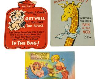 853 - Assorted Vintage Postcards (Description): Assorted vintage postcards featuring humorous  get-well themed illustrations and messages.