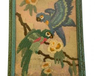 1174 - Needlepoint Artwork w/Birds 12"x16" (Description): This decorative piece showcases colorful  avian subjects in an ornate frame. Measures  12 inches by 16 inches.