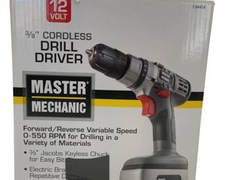 936 - Drill Driver Master Mechanic Cordless Drill in Box (Description): Master Mechanic 12 volt cordless drill driver  with 3/8 inch Jacobs keyless chuck. Used as is electric/electronic/mechanical  item. No guarantee all components, untested.