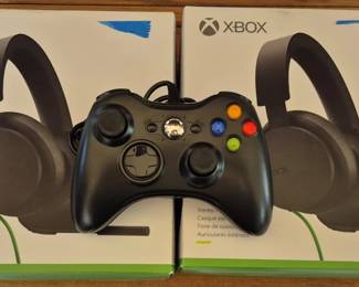 2831 - 2 Xbox Series S/X Stereo Headsets & Controller (Description): Two Xbox Series S/X stereo headsets, each in  original retail packaging. The black over-ear  headsets feature an adjustable headband and  boom microphone. Used as is electric/electronic/mechanical item. No guarantee all components, untested.