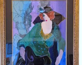 610 - Itzchak Tarkay Signed Serigraph Woman in Hat (Description): Itzchak Tarkay signed serigraph depicting an  elegant woman in a hat with a green blouse.  The composition features the artist's  characteristic style with bold colors and  fluid lines, showing a stylishly dressed figure against a purple-toned background with  a sketched figure behind. Numbered edition,  pencil signed lower right. Presented in an  ornate gilt carved wood frame with dark  matting. Measures 42" x 36" overall.