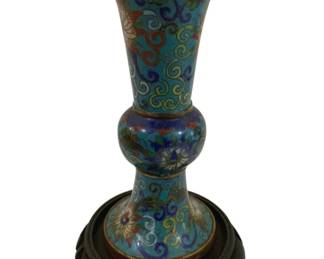249 - Vintage Chinese Cloisonne Enamel Trumpet Vase (Description): w/ wood base - 7.75" tall