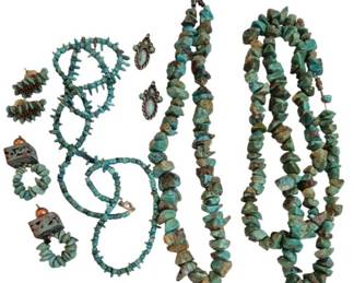 1982 - Group Turquoise Jewelry Necklaces & Earrings (Description): A group of turquoise jewelry and accessories  including multiple chunky nugget necklaces, a  heishi bead necklace, clip-on earrings, and  decorative pendants. The collection features  various styles of natural turquoise stones in shades of blue-green with characteristic  brown matrix throughout.