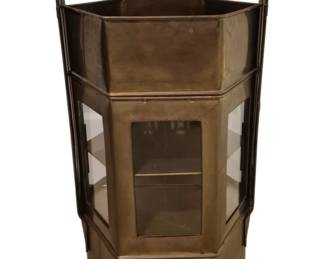3757 - Large Brass Hexagonal Lantern 28"x12" (Description): Large brass lantern featuring a hexagonal  form with glass panel windows on each side.  The lantern has a sturdy fixed handle at the  top for carrying or hanging. The brass has  developed a warm, aged patina. Used as is electric/electronic/mechanical  item. No guarantee all components, untested.
