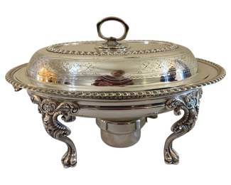 376 - Silver Plate Chafing Dish w/ Burner Holder (Description): Chafing dish with burner holder. Features  ornate footed stand with decorative legs and  a domed lid with ring handle. Measures 10  inches by 12 inches.
