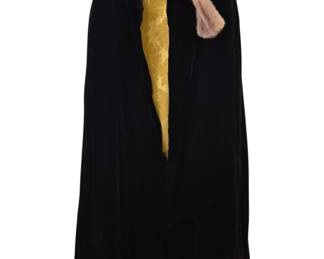 1305 - Vtg Black Velvet Opera Cape w/ Fur Collar (Description): Vintage black velvet full-length opera cape  featuring a plush light-colored fur collar.  The cape has a gold brocade lining with a  floral damask pattern.