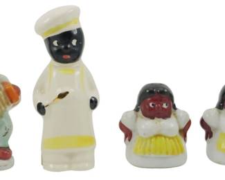 1710 - 4 Vtg Black Americana Shakers/Figures (Description): A collection of four vintage Black Americana  ceramic shakers and figures. The grouping  includes varied character designs in  hand-painted polychrome finishes. Tallest  measures 4.5 inches.