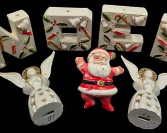 2819 - Collection of Vintage Christmas Decorations (Description): Vintage Christmas decoration lot featuring  ceramic NOEL letter candle holders  hand-painted with festive motifs including  candy canes, bells, holly, and candles. Also  included are a pair of white and gold angel figurines with star-decorated robes, and a  cheerful Santa Claus figure in traditional  red suit.