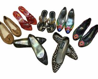 2184 - Lot of Assorted Unique Shoes (Description): Indian Sandals, Moccasins, Leopard Flats &  more, sizes 8 & 9
