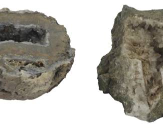 1713 - 2 Geodes (Description): Two geodes featuring natural crystal  formations. The specimens display  characteristic hollow cavities lined with  crystalline structures.