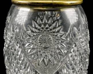 149 - Pressed Glass Biscuit Jar w/ Lid 9" (Description): A pressed glass jar with lid featuring an  ornate metal finial. Measures 9 inches.