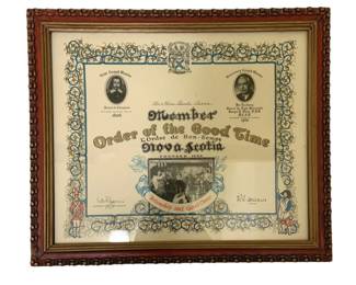 1664 - Order of the Good Time Framed Certificate (Description): 12 x 14