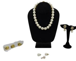 1944 - Pearl Necklace & Group Earrings (Description): Unidentified pearl collection featuring a  pearl necklace and a pair of earrings with  gold bead accents, stored in box with  Mikimoto tags.