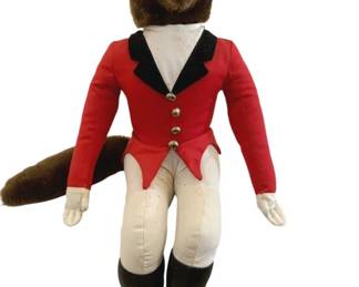 417 - Stuffed English Fox Huntsman 20" (Description): Stuffed English fox huntsman figure dressed  in traditional equestrian attire including a  red hunting coat with black collar and gold  buttons, white breeches, and tall black  riding boots. The fox has a plush brown fur head, body, and tail with white gloved hands.  Measures 20 inches.