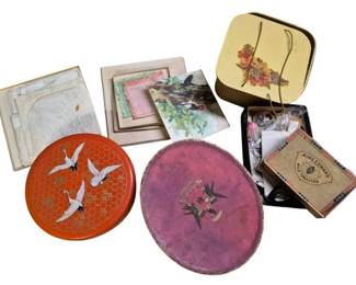4108 - Group Lot of Decorative Boxes & Paper Items (Description): Group lot of assorted decorative items  including a round orange lacquered box with  crane motif, a vintage pink oval tray with  bird decoration, a cream-colored box with  autumn leaf design, assorted vintage stationery and handkerchiefs in original  boxes, decorative paper ephemera with nature  scenes, and a King Edward mild tobacco cigar  box containing miscellaneous items.