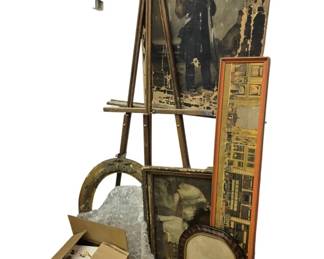 4020 - Group Lot Art & Frames w/ Easel & Prints (Description): Group lot comprising an artist's wooden easel  with adjustable lamp attachment, an antique  oil painting on canvas depicting a  Napoleonic-era soldier in uniform showing age  and paint loss, a framed print of a classical interior scene, a gilded oval  frame, a rectangular frame with tiger-stripe  finish, a framed print of a reclining figure,  and cardboard boxes containing additional  items including what appears to be decorative