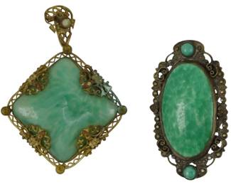 1940 - Vintage Peking Glass Pin & Pendant (Description): The pieces feature green Peking glass set in  ornate metalwork with filigree detailing.