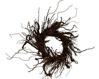 3984 - 2 Natural Twig and Branch Wreaths (Description): Pair of decorative wreaths crafted from  natural twisted twigs and branches. These  rustic wreaths feature an organic, wild  aesthetic with curling branches extending  outward from the central ring, creating a dramatic silhouette suitable for seasonal or  year-round display.