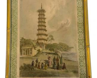 1160 - Framed Colored Engraving 9"x11" (Description): This piece features a decorative green and  white patterned mat within a gilt  bamboo-style frame.