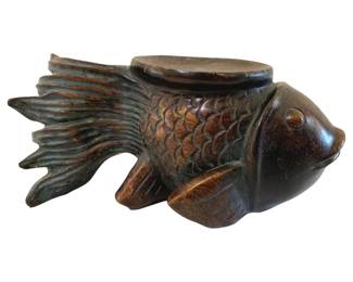 387 - Carved Wood Pedestal Koi Fish 6.5"x15" (Description): Carved wood pedestal koi fish. This  decorative wooden piece features detailed  carving depicting a koi fish, designed to  serve as a pedestal or display stand.  Measures 6.5 inches by 15 inches.
