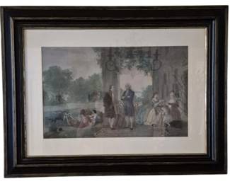 301 - Framed Engraving 33"x44" (Description): Framed engraving depicting an elegant 18th  century garden scene with figures in period  dress gathered on a terrace. The composition  shows gentlemen and ladies in conversation,  with children playing near a lake in the background. Presented in a substa