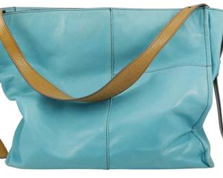 1808 - Hobo International Leather Shoulder Bag Teal (Description): Hobo International leather shoulder bag in  teal. This soft leather bag features  contrasting tan leather straps. Measures 10  inches by 15 inches by 5 inches.