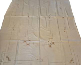 1456 - Vtg White Linen Tablecloth w/ Embroidery (Description): Vintage white linen tablecloth featuring  delicate drawn thread work and embroidered  geometric corner details. The design includes  hemstitched borders with Art Deco-inspired  angular motifs at the corners and along the edges. Measures 104 inches by 68 inches.