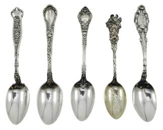 111 - 5 Vtg Sterling Spoons Varying Makers (Description): Five vintage sterling silver spoons from  varying makers. Each spoon features a  decorative handle with unique ornate designs.  Total weight: 4.30 oz.