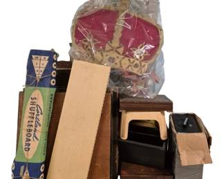 4124 - Group Lot of Vtg Games, Boxes & Decor Items (Description): A group lot of assorted vintage items  including a Cortland Shuffleboard game in  original box, various wooden boxes and cases,  a decorative crown-shaped wall hanging with  red velvet center and gold-tone frame, and additional miscellaneous items.