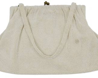 1964 - Vintage Magid Beaded Purse 8"x13" (Description): Vintage Maoid beaded purse featuring an  elegant gathered design with a kiss-lock  clasp closure and beaded handle. Measures 8  inches by 13 inches.
