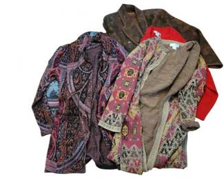 2247 - Assorted Sweater Jackets (Description): Soft Surroundings, size M Rebecca Malone, size PXL Geiger, size M-L Peruvian connection, size M