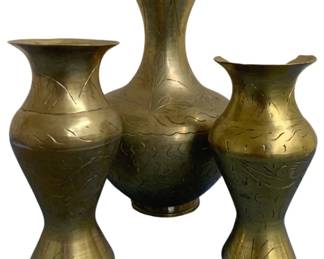 1543 - 3 Brass Vases - 7" Tall