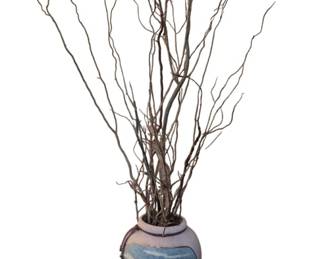 5002 - Southwestern Style Pottery Vase w/ Gold Accents (Description): Presented with twig decor & roller stand,  size of vase is 17 x 10