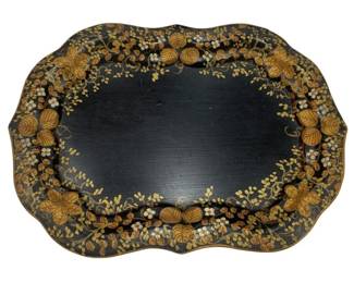 676 - 19th C Victorian-style Papier-Mache Tray (Description): Featuring a black lacquer finish with  hand-painted gilt and floral decoration.  Measures 14 inches by 10 inches.