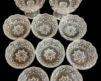 980 - Moon & Star Glassware Group (Description): With 8 bowls & 2 compotes, measurements 2" x  4.5" and 6" x 5".