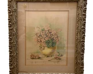 1183 - Flowers Print in Decorative Frame 20.5"x18" (Description): A floral artwork presented in an ornate  decorative frame. The piece measures 20 1/2  inches by 18 inches.