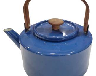 687 - 1960s Michael Lax for Copco Blue Tea Kettle (Description): Featuring a blue enameled cast iron body and  a teak wood handle and lid knob. Measures 6  inches by 10 inches.