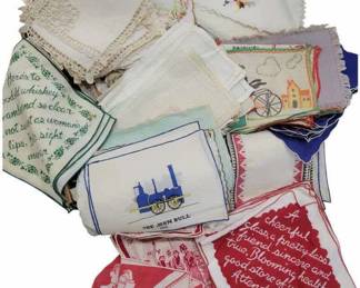 698 - Assorted Vintage Linens (Description): A collection of assorted linens including  various handkerchiefs, napkins, and  decorative textile pieces.