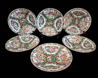 493 - Rose Medallion Rim Soup Bowls Set of 6 (Description): A set of six Chinese Rose Medallion rim soup  bowls featuring the classic Canton pattern  with alternating panels of figural court  scenes and floral motifs. Each bowl displays  the traditional palette of pink, green, gold, and red, with central medallions depicting  birds and peonies surrounded by intricate  hand-painted borders. The bowls feature gilt  edges and exhibit the characteristic famille  rose enamel work typical of 19th to early