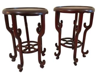331 - 2 Wood Stands 9" (Description): Two wood stands with decorative curved legs  and circular stretcher bases. Each stand  measures 9 inches.
