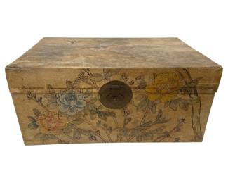 360 - Painted Floral Trunk w/ Brass Clasp (Description): A decorative trunk featuring hand-painted  floral motifs and fitted with a brass clasp  closure. The trunk measures 22 inches wide by  10 inches tall by 14 inches deep.