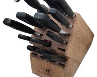 1078 - Zwilling J A Henckles Knife Set - Incomplete (Description): with wood storage, large knife has tip broken
