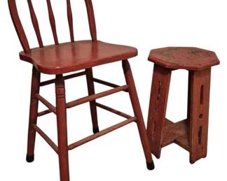 3741 - Red Painted Wood Stool & Chair Set (Description): A pair of red painted wooden seating pieces  including a bow-back Windsor-style chair and  a rustic Arts & Crafts style stool. Both  pieces feature worn painted surfaces showing  age and character. The stool has a 21 inch seat height with an octagonal top and cutout  details on the side supports. Chair measures  33 inches by 15 inches by 14 inches.